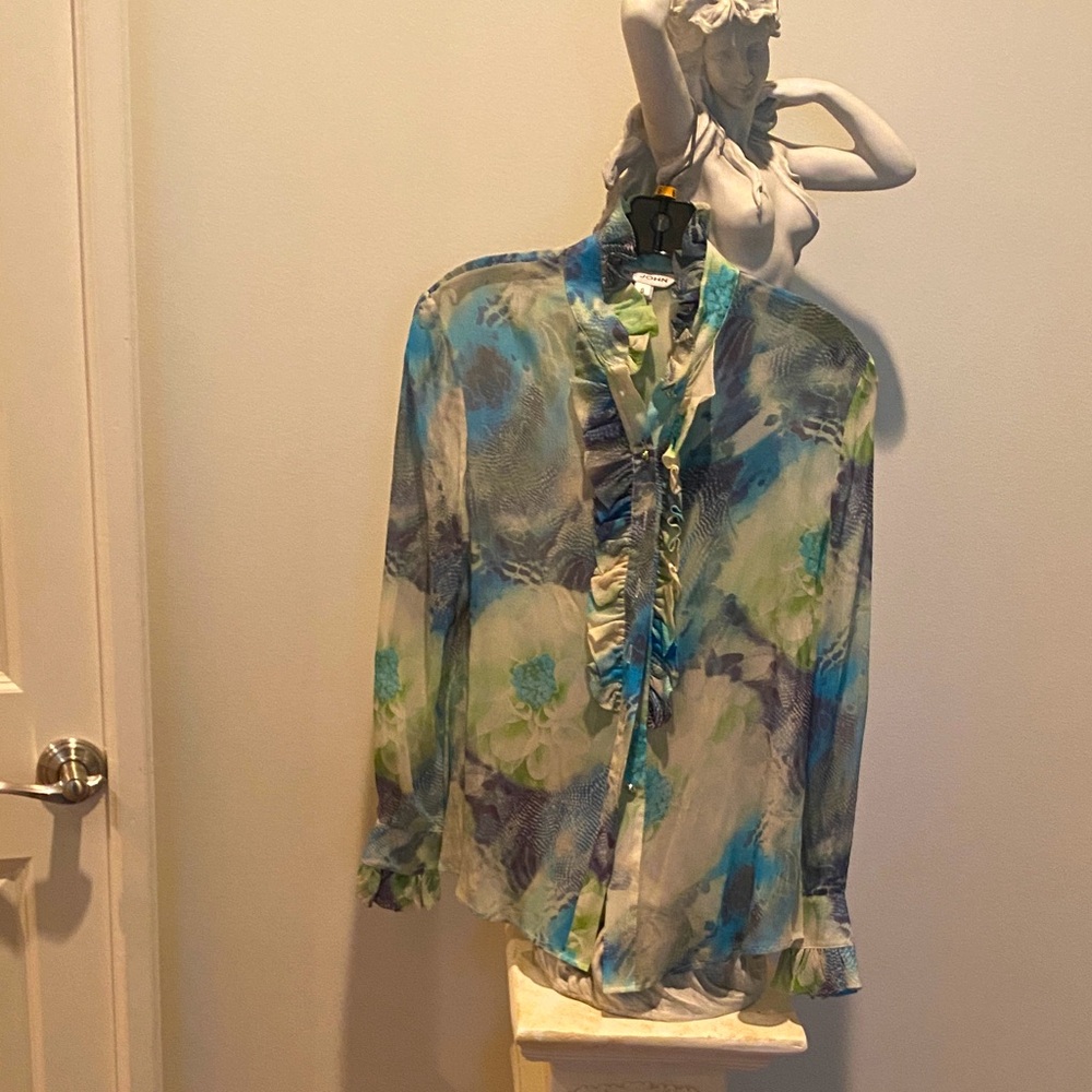 St. John Sheer Ruffled Floral Blouse in Blue, Green, Cream